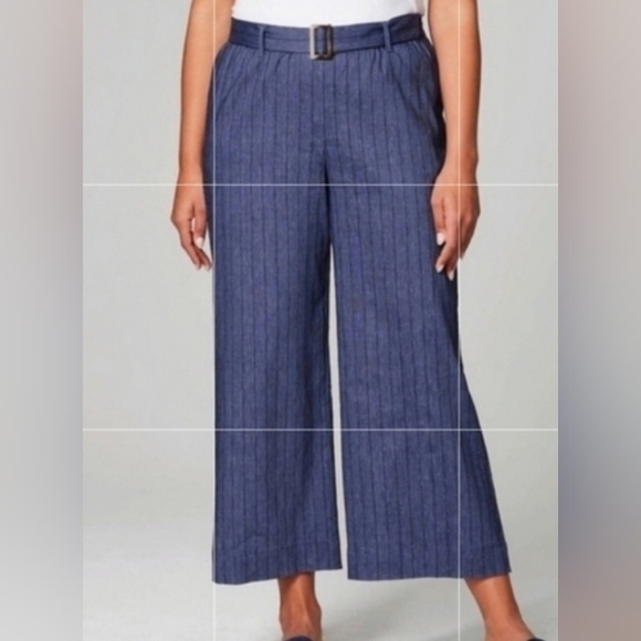J Jill Blue Chambray‎ Pants Size M Linen Strech Pull On Wide Leg Belt Stripes - Picture 1 of 12